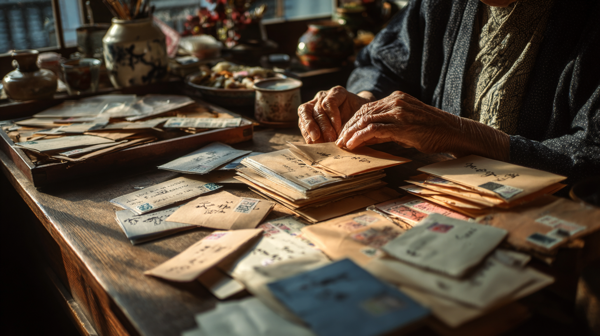 机の上の封筒や書類から差出人を確認している